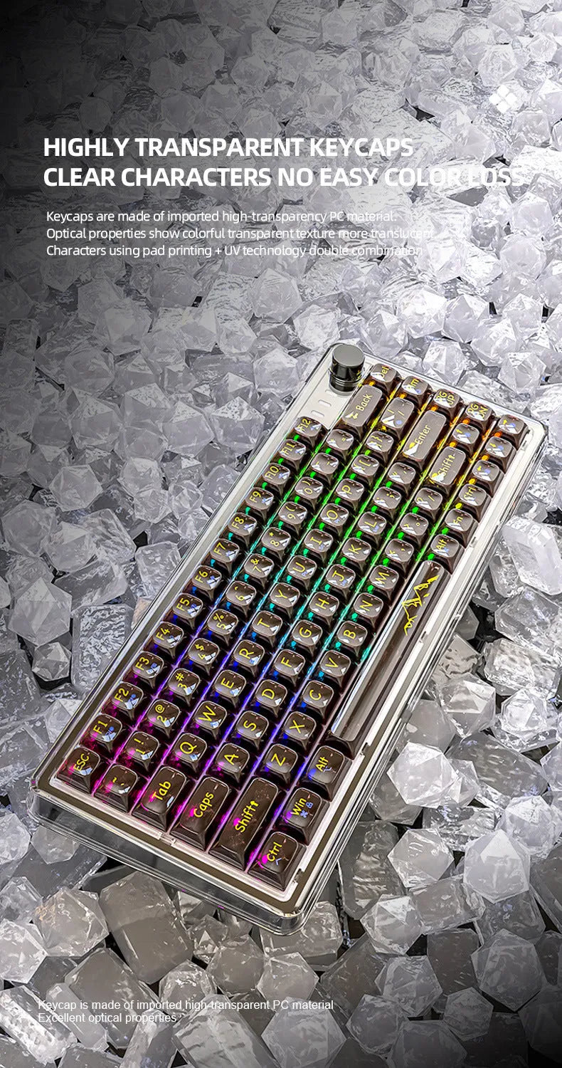 Attack Shark K75 RGB wireless mechanical keyboard with transparent housing showing internal components and RGB lighting