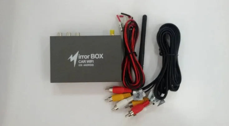 Black car mirror link Wi-Fi box with power cable, AV cable, antenna, and user manual for screen mirroring.
