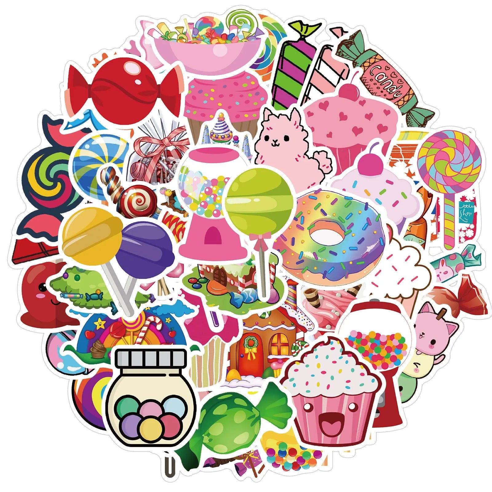 Pack of 50 colourful candy graffiti and cartoon stickers scattered on a surface, each measuring 4-6 cm.