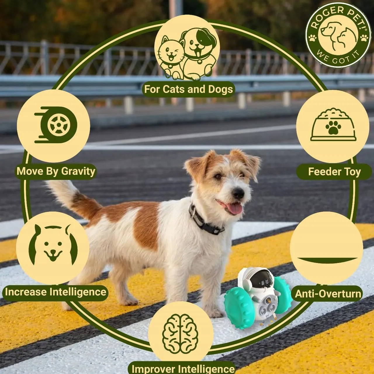 Self-balancing dog treat dispenser toy in multiple colours with robot design for small pets