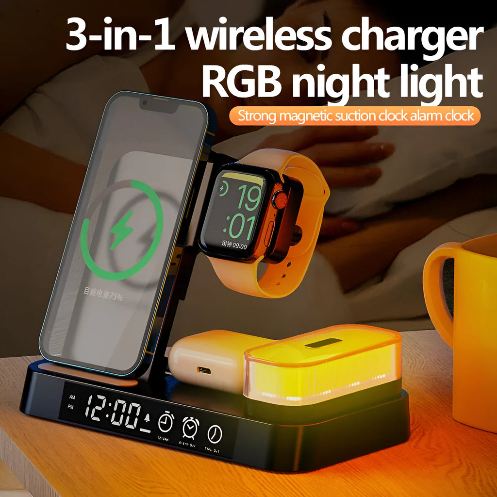 4-in-1 wireless charger station with alarm clock display and foldable stand charging a phone, headphones and watch
