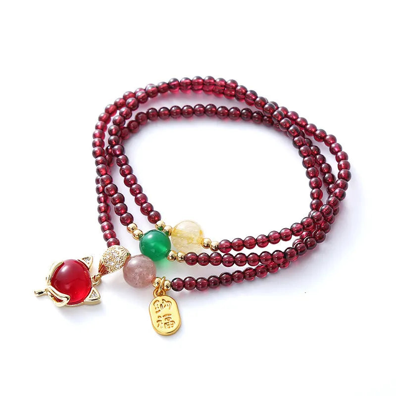 Natural garnet crystal fox bracelet for women in purplish red with adjustable rope