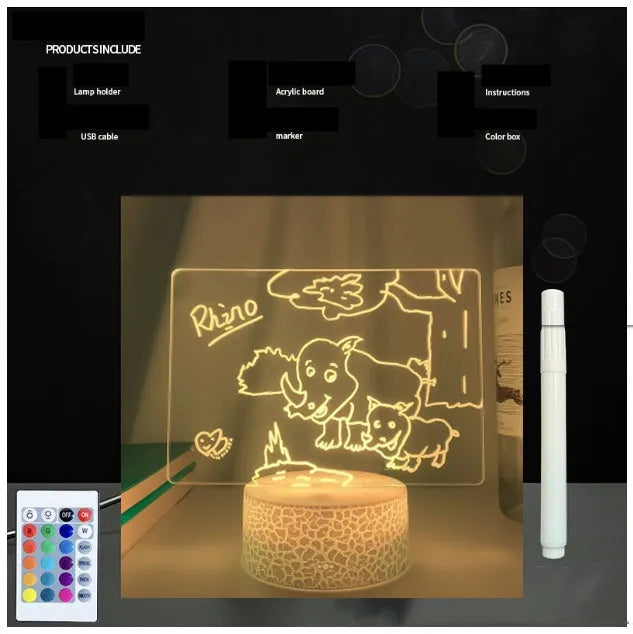3D acrylic message board night light with handwritten note, showing colour-changing illumination and remote control.