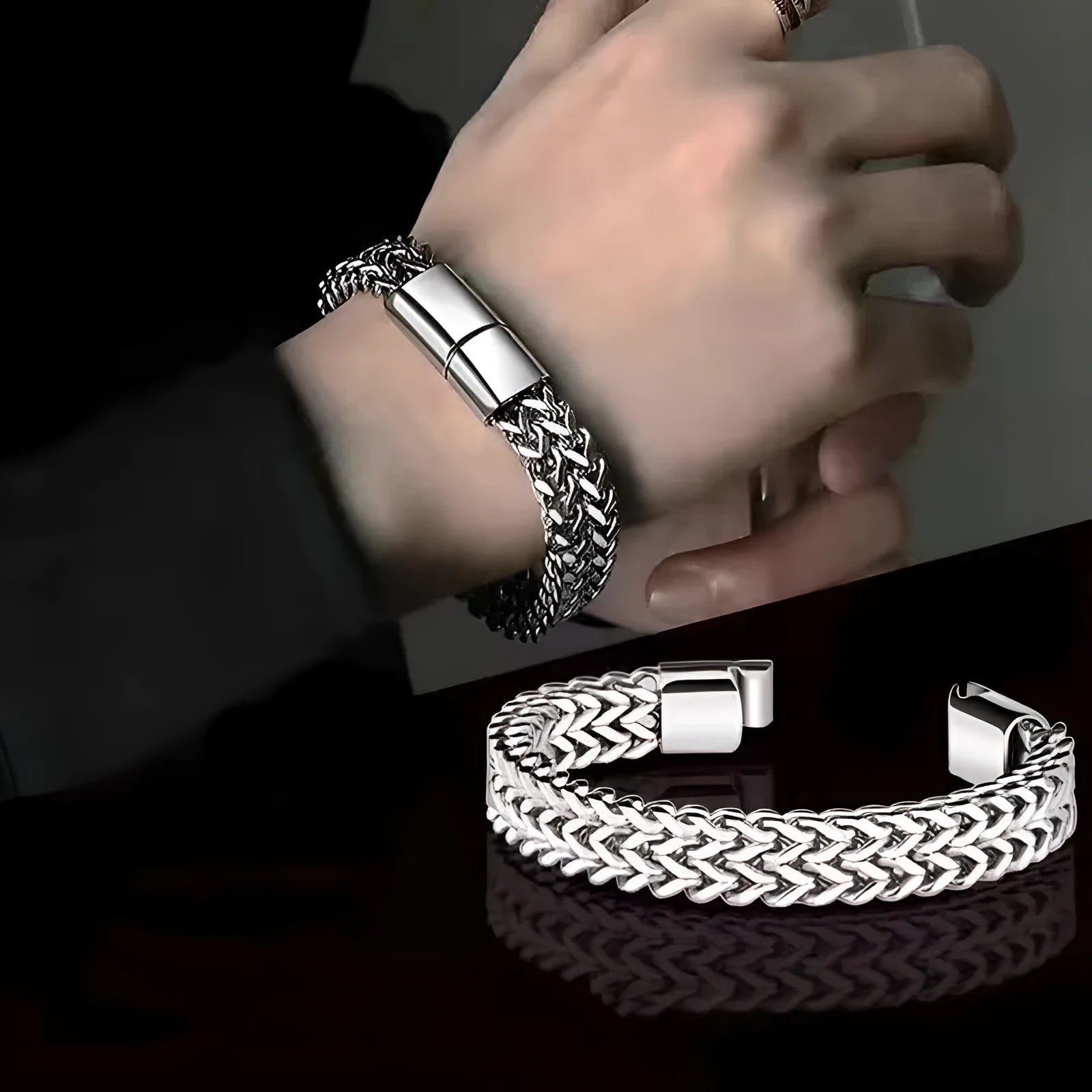 Silver geometric hip hop bracelet in titanium steel with front and back chain link design