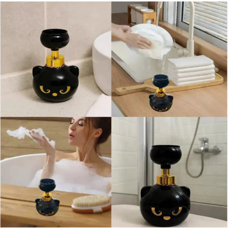 Black plastic cartoon cat-shaped foam soap dispenser on a countertop.