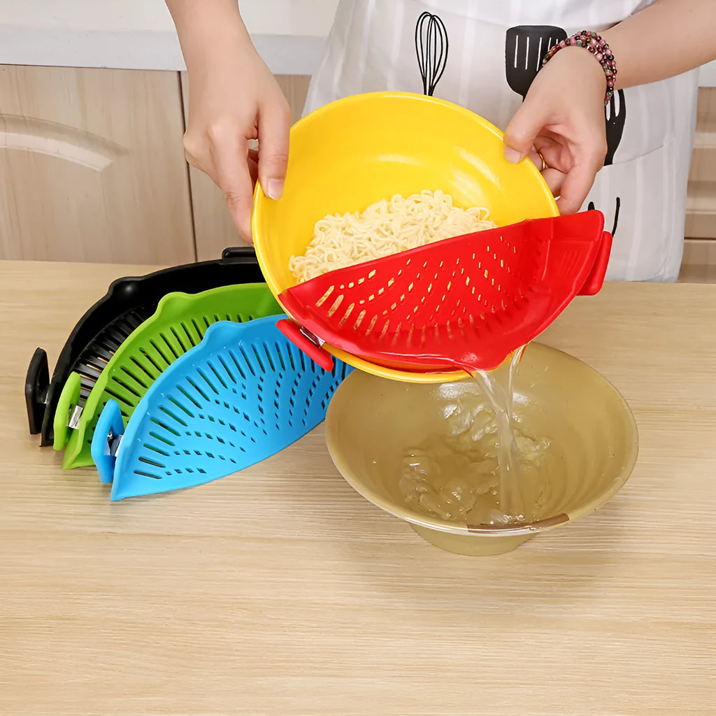 Silicone clip-on colander with stainless steel buckle attached to a pot, draining liquid, available in four colours.