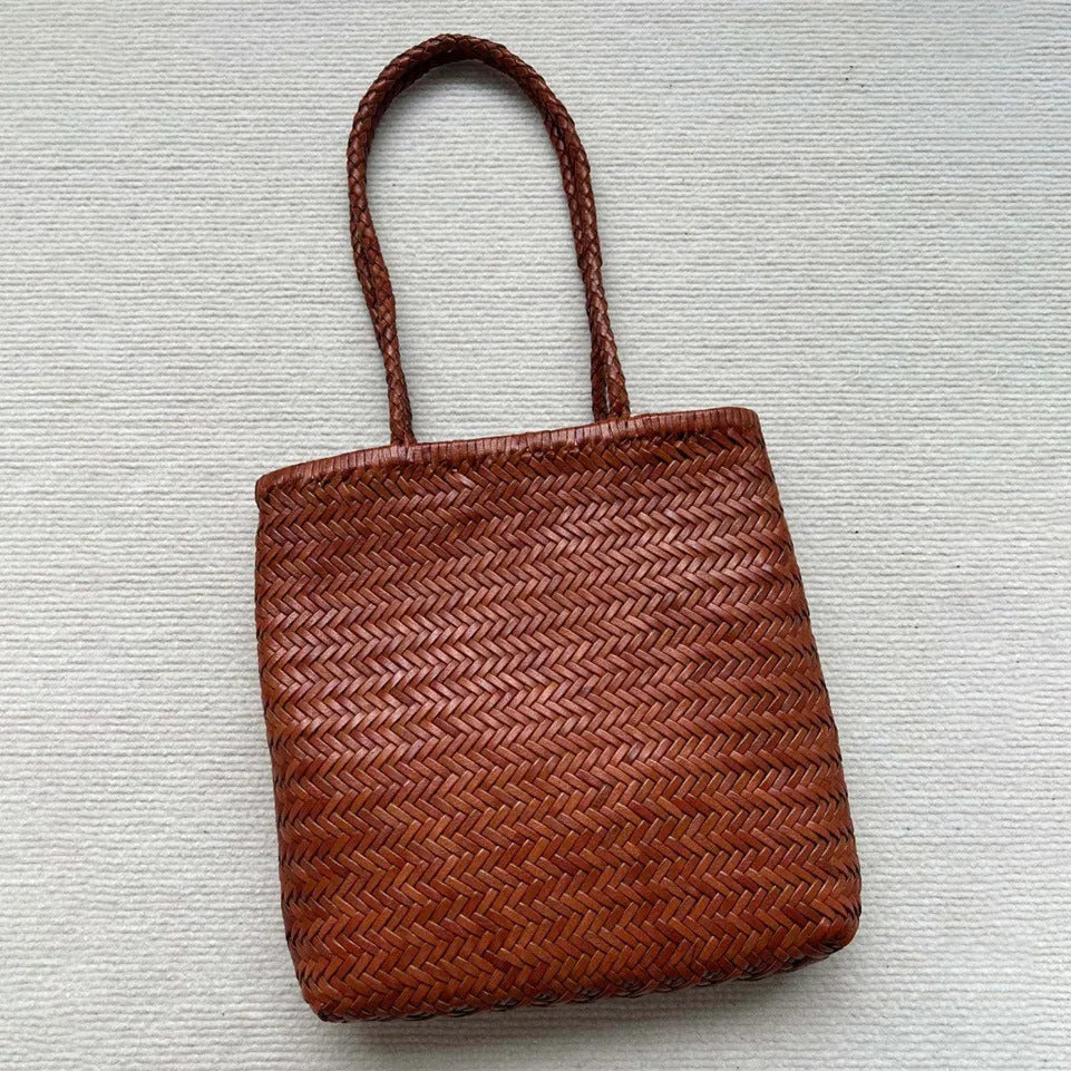 Handmade woven cowhide leather tote bag with three-dimensional pocket in brown colour
