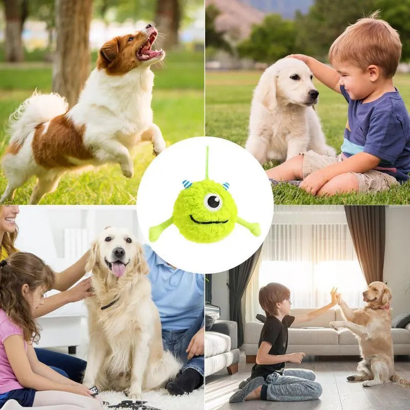 Green interactive dog teething toy ball with sound, 12cm diameter, soft plush and TPR construction