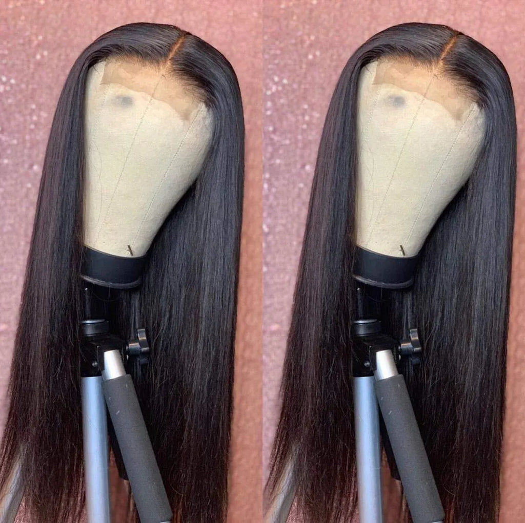 Brazilian straight human hair front lace wig in black, 4x1 lace construction on mannequin head