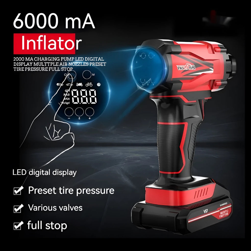 Red and black portable car air pump with digital display, power cable, and set of inflation nozzles.