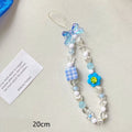 Beaded flower mobile phone lanyard with plastic resin decorative flowers and hand rope strap in blue colour