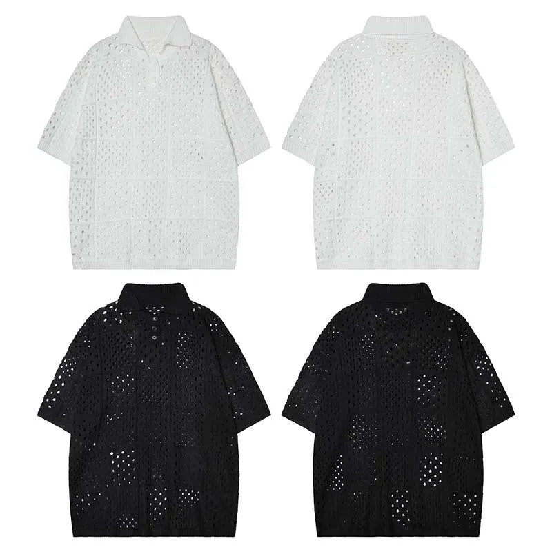 Men's solid colour short-sleeved polo shirt with a hollow knit texture, shown in black and white.