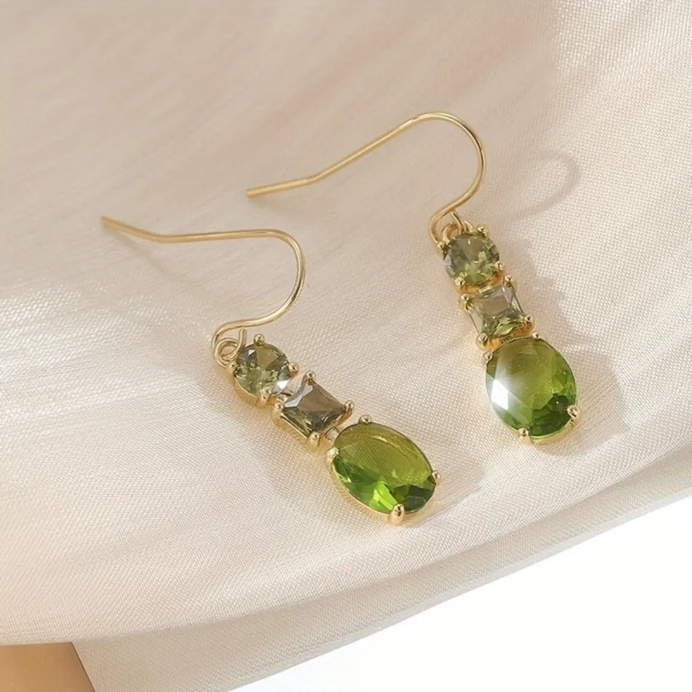 Green geometric copper drop earrings with quadrilateral design for bohemian retro style