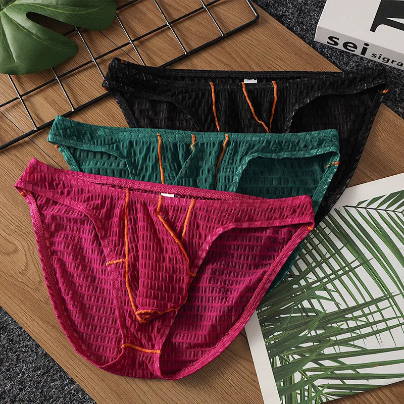 Men's low waist lace briefs in ice silk fabric on a colour swatch showing white, black, green, red, and purple.