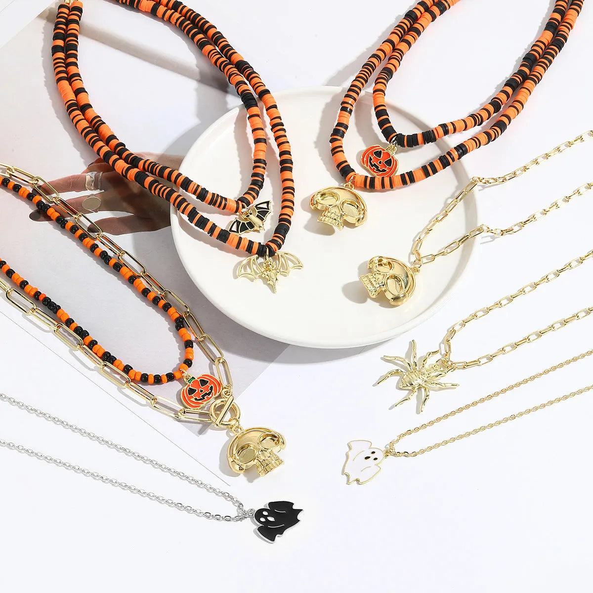 Halloween necklace with bat, ghost, skull, pumpkin, and spider pendants in zinc alloy