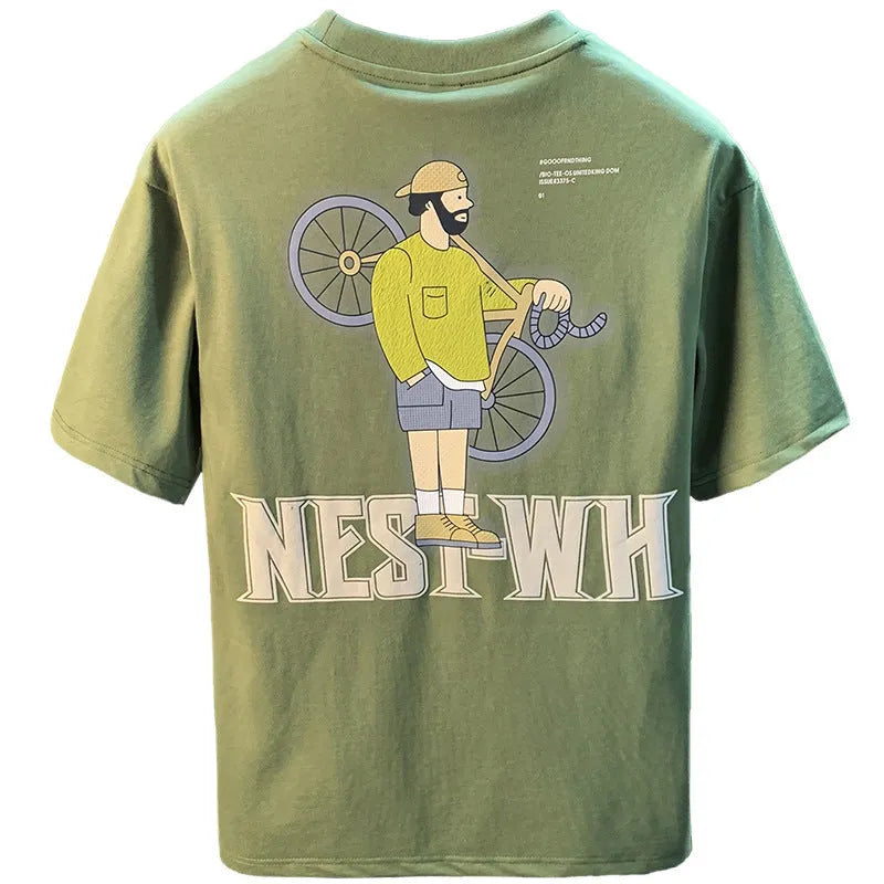 Green loose fit men's t-shirt with a printed literary design on the front
