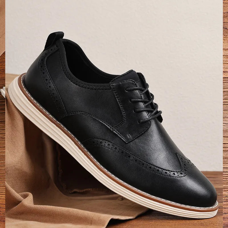 Men's black slip-on business casual shoes with round toe and low-cut PU upper on a TPR sole.
