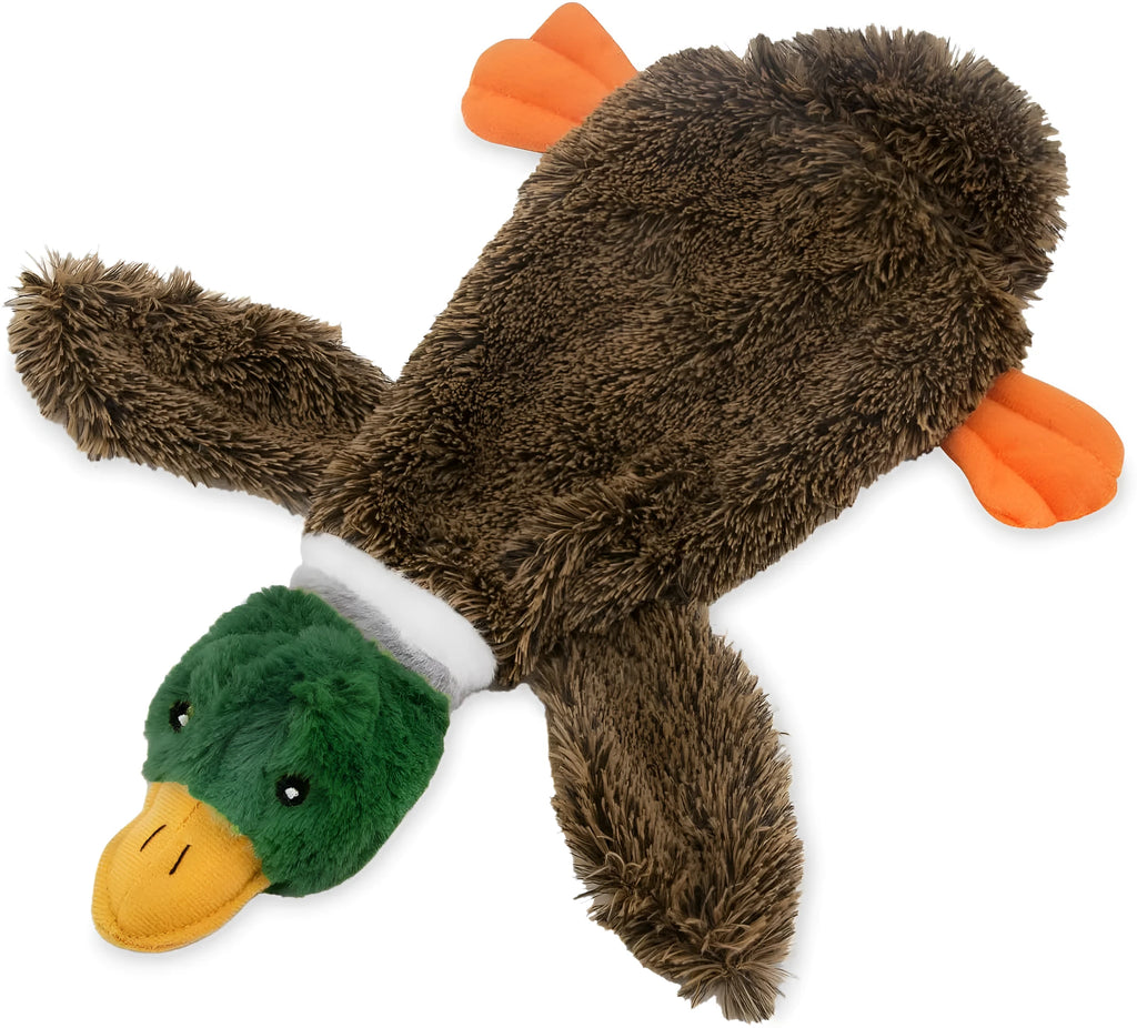 Green duck-shaped stuffless dog toy with squeakers and bottle insert opening