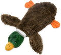 Green duck-shaped stuffless dog toy with squeakers and bottle insert opening