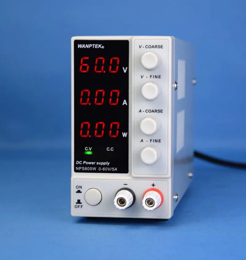 White S605W adjustable DC laboratory power supply with voltage and current controls for electronic repair.