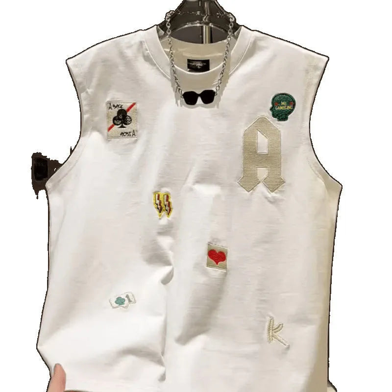 Men cotton cartoon printed sleeveless vest T-shirt in white loose fit