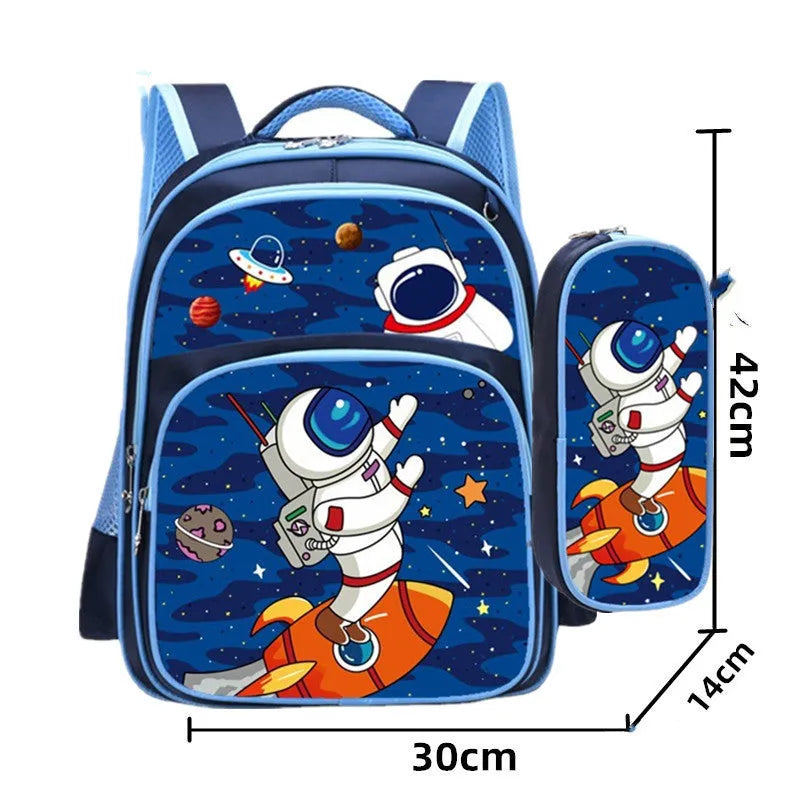 Blue children's nylon backpack with anime cartoon printing measuring 30cm wide