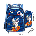 Blue children's nylon backpack with anime cartoon printing measuring 30cm wide