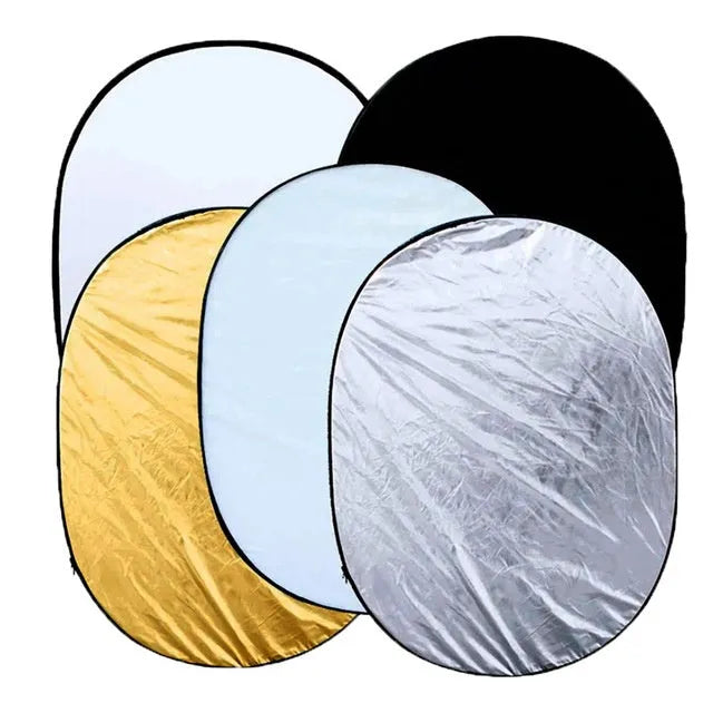 5 in 1 collapsible photography light reflector with gold silver white black translucent surfaces and steel frame