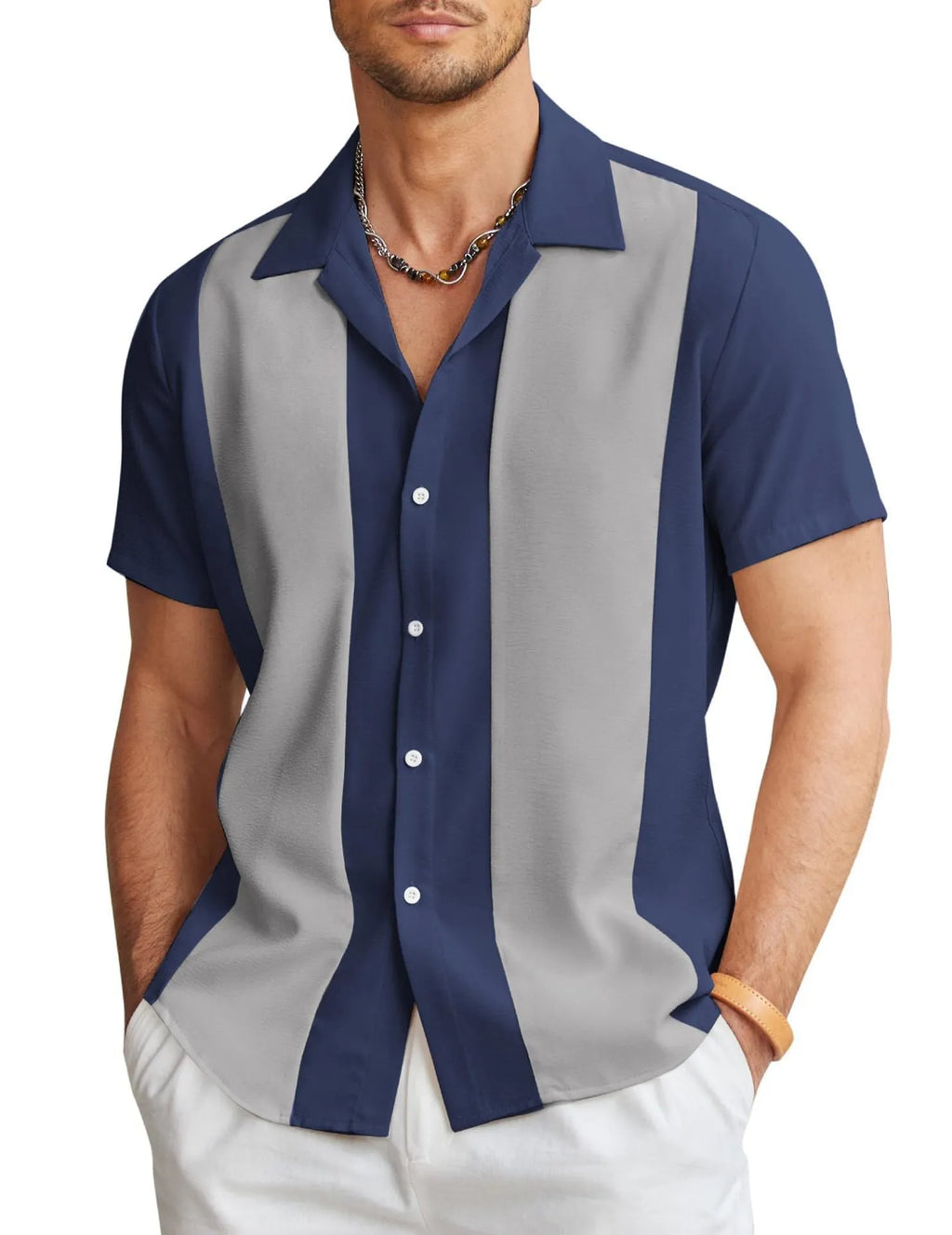 Men's slim fit short sleeve digital print shirt in polyester, front view, available in multiple colours