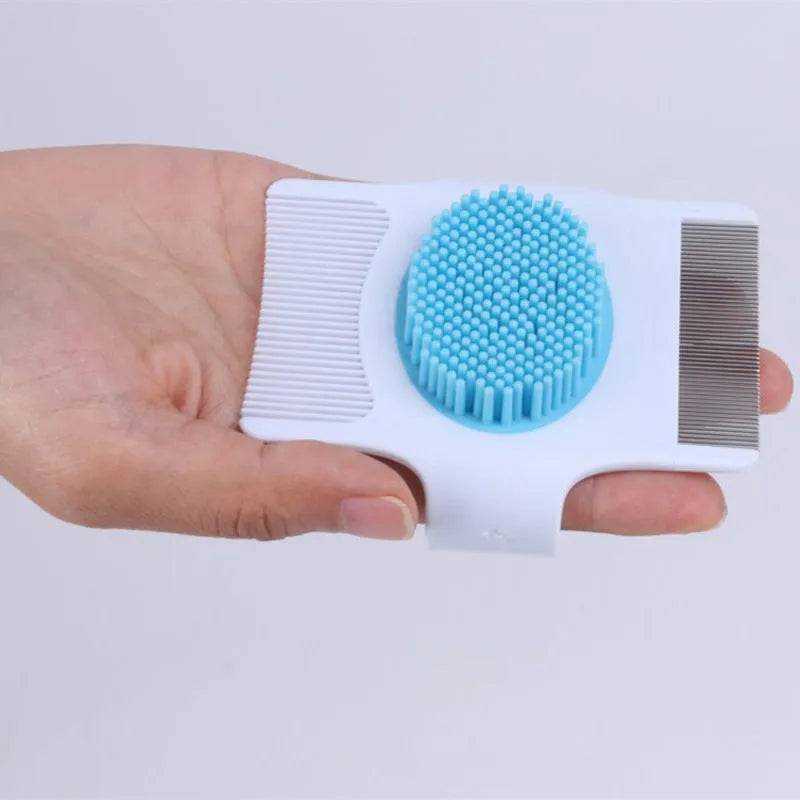 Blue and green multifunctional pet comb for dog grooming, showing compact 8.5cm size.