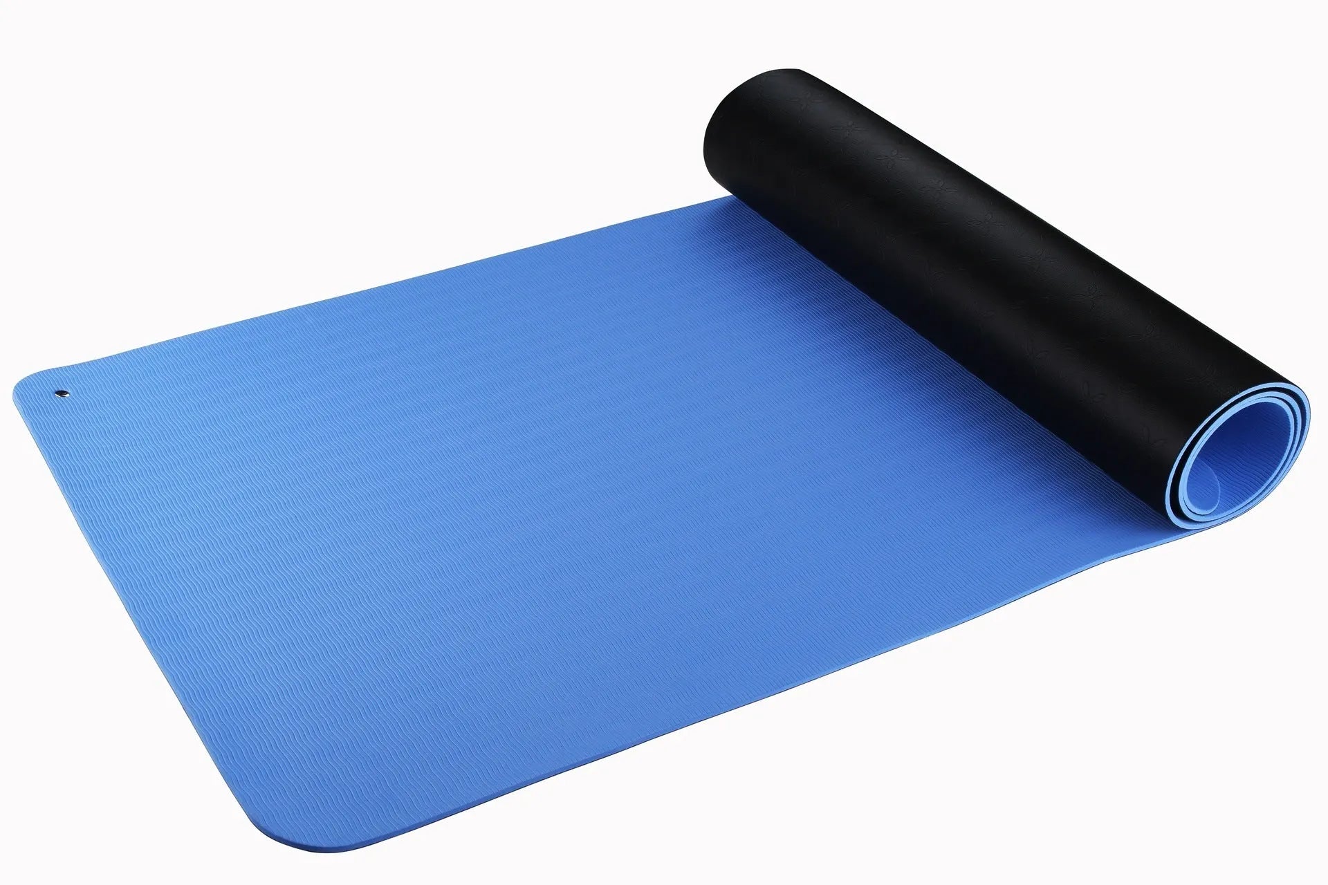 Blue yoga mat with plants pattern and a black grounding wire attached.