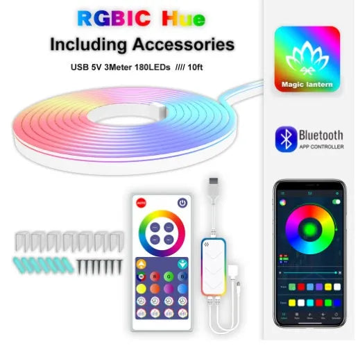 3 metre USB RGB magic colour LED neon light strip with remote control on white background