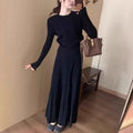 Dark grey knitted dress suit set with ethnic style collage stitching and 3D pattern