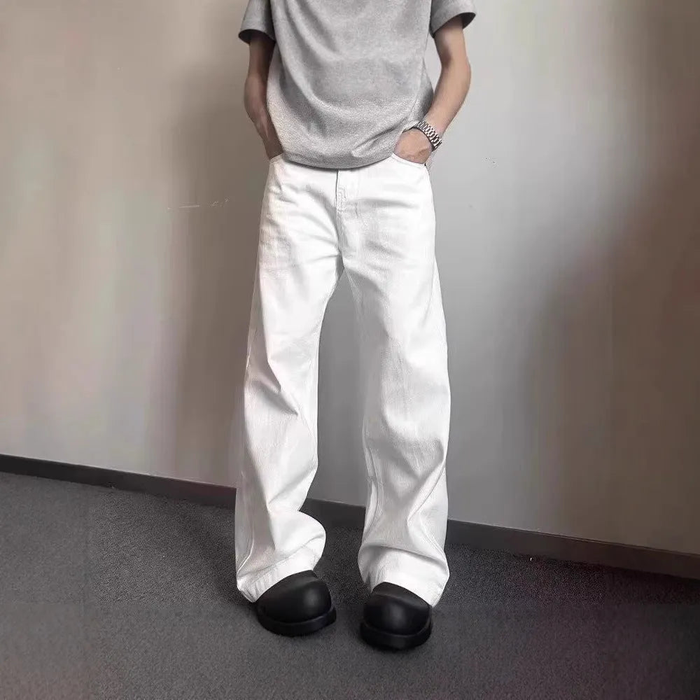 Men's white straight-leg cotton denim jeans with zip fly and mid-waist