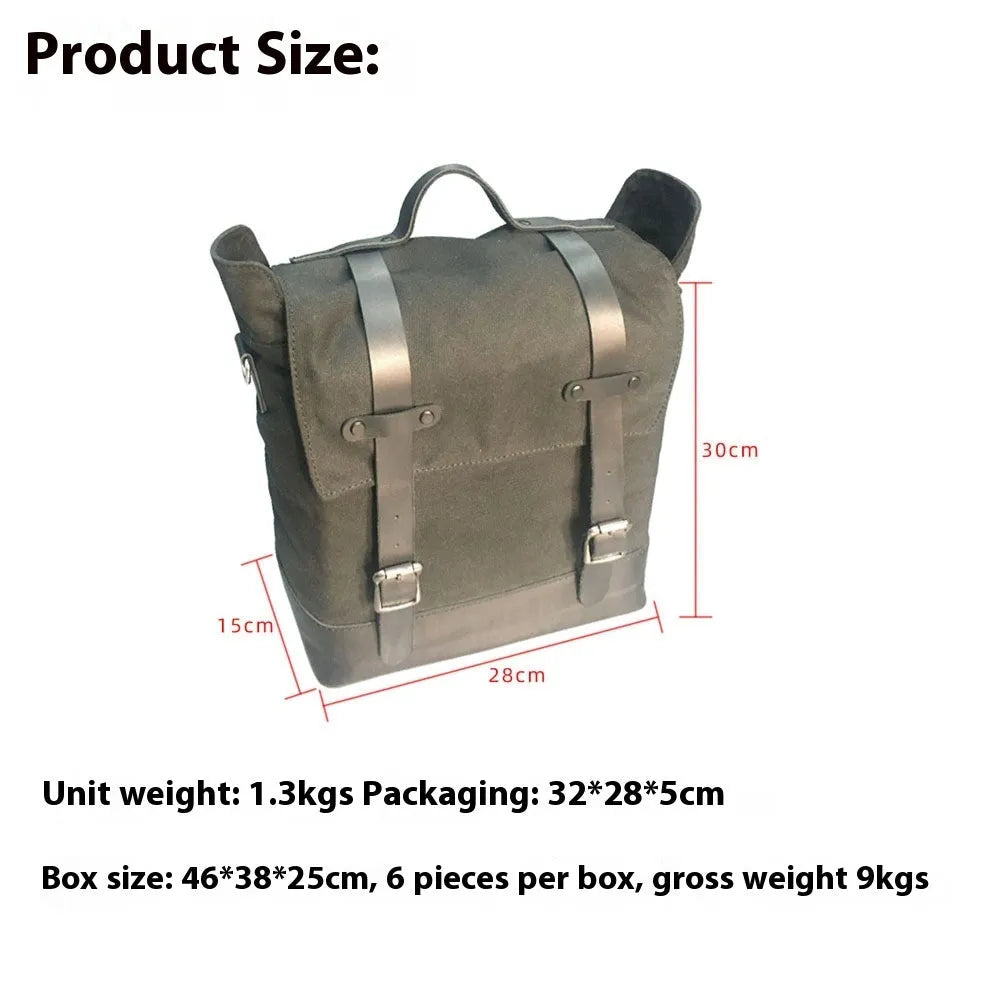 Thick waterproof canvas motorcycle side bag with cowhide top layer in black