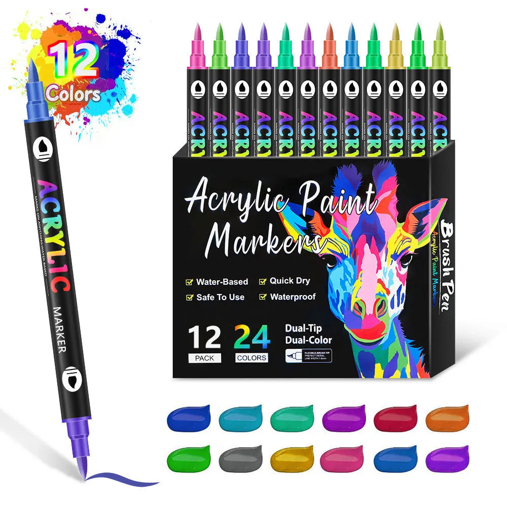 Double-headed acrylic marker pens with washable quick-drying ink in multiple colour sets