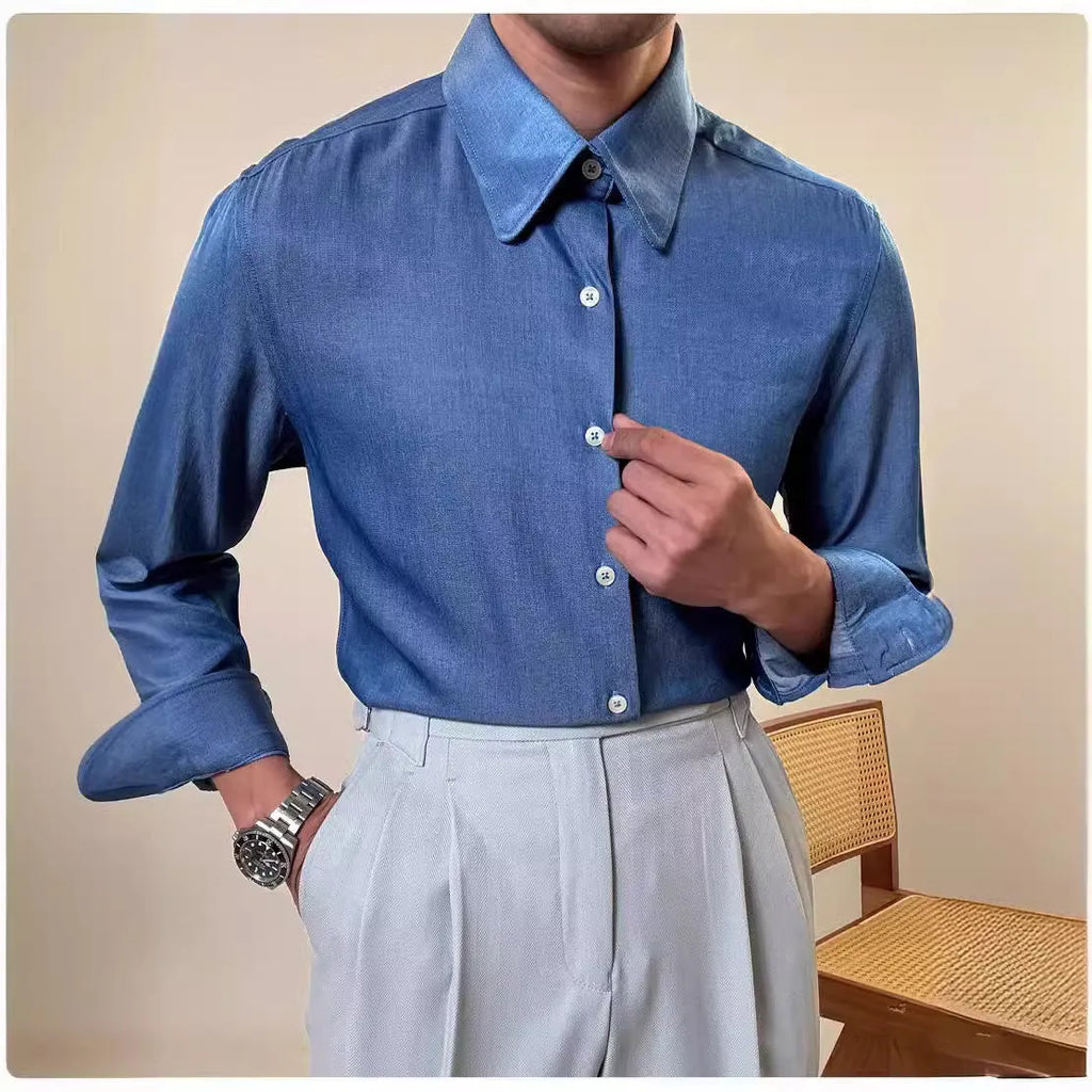 Men's slim fit long sleeve round collar shirt in sky blue and denim blue rayon-polyester blend