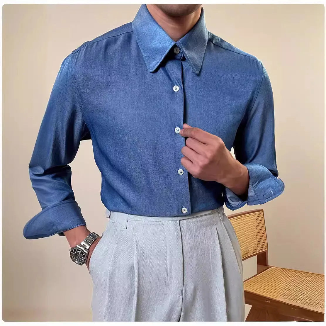 Men's slim fit long sleeve round collar shirt in sky blue and denim blue rayon-polyester blend