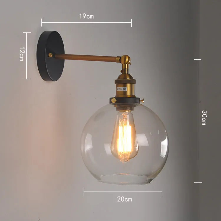Round ball glass wall lamp in retro style with aluminium holder, 20cm diameter