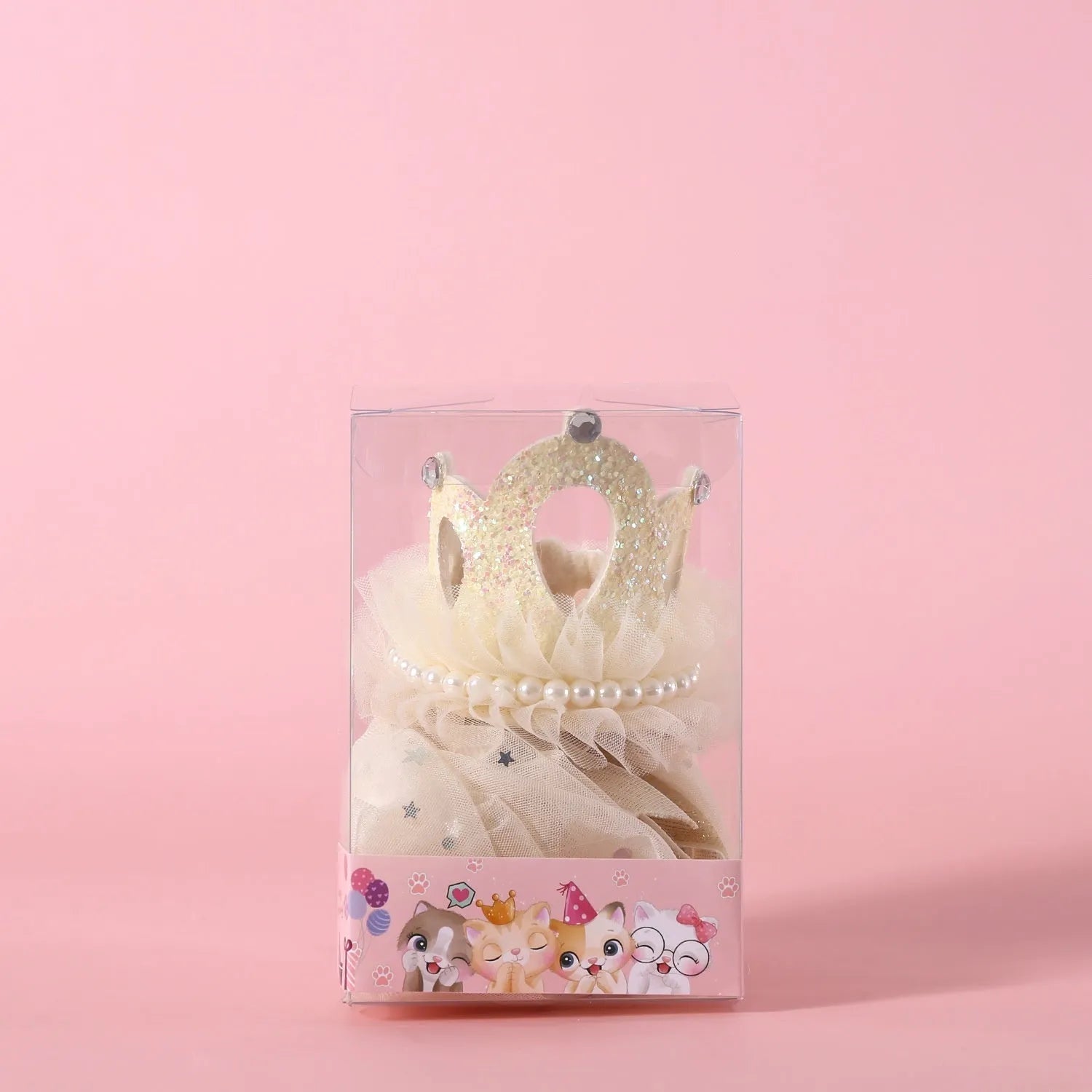 Pet princess crown headdress with beige and pink veil options for cat wedding celebrations