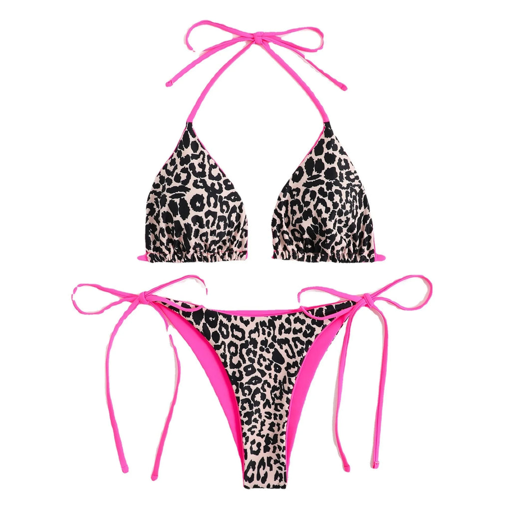 Women's lace-up triangle bikini top with matching split-style bottoms in a solid colour.