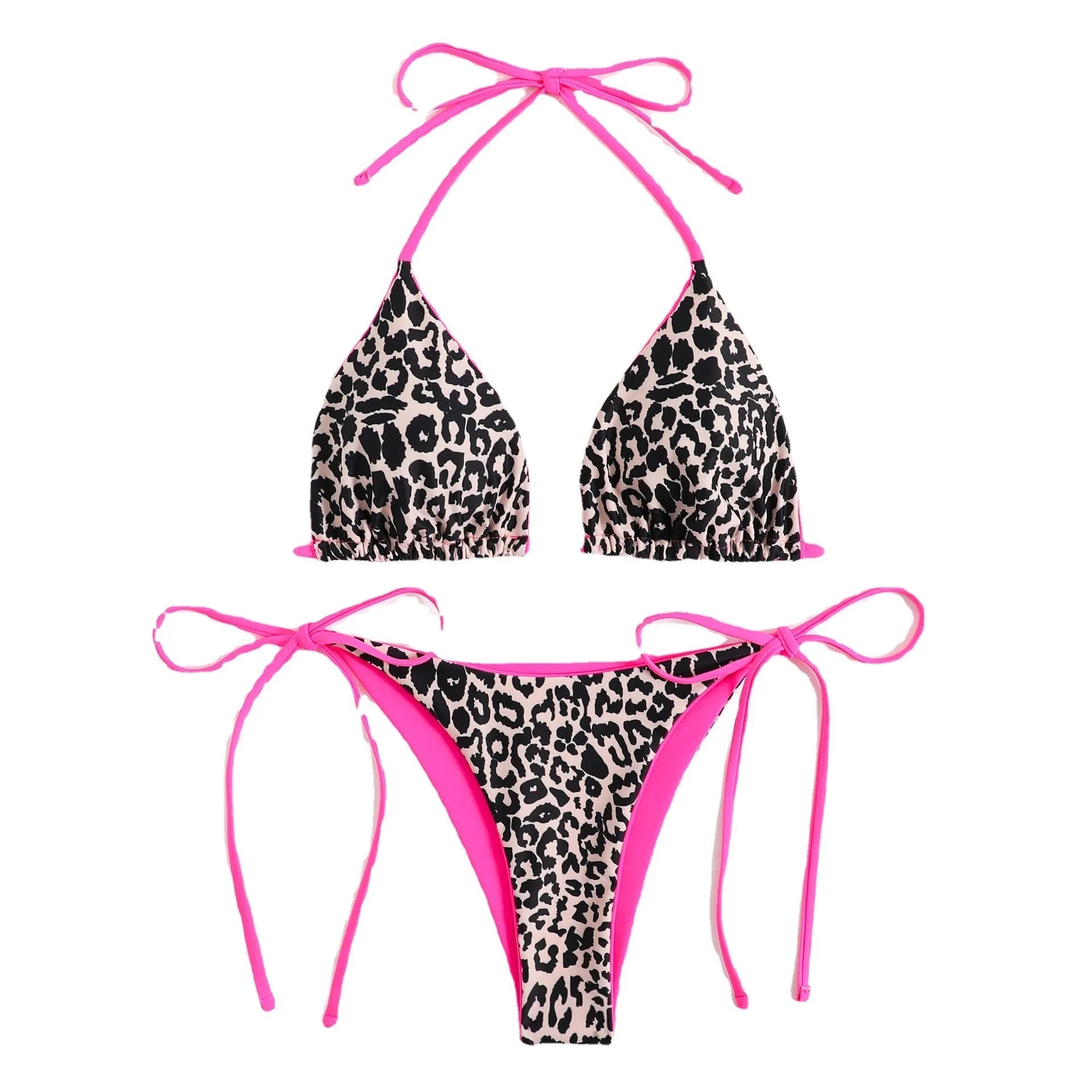 Women's lace-up triangle bikini top with matching split-style bottoms in a solid colour.