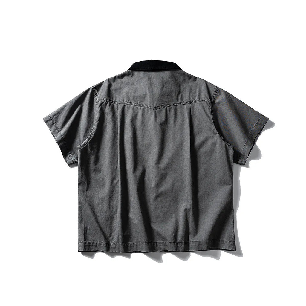 Washed overalls short sleeve cardigan shirt in loose fit cotton, khaki or grey colour