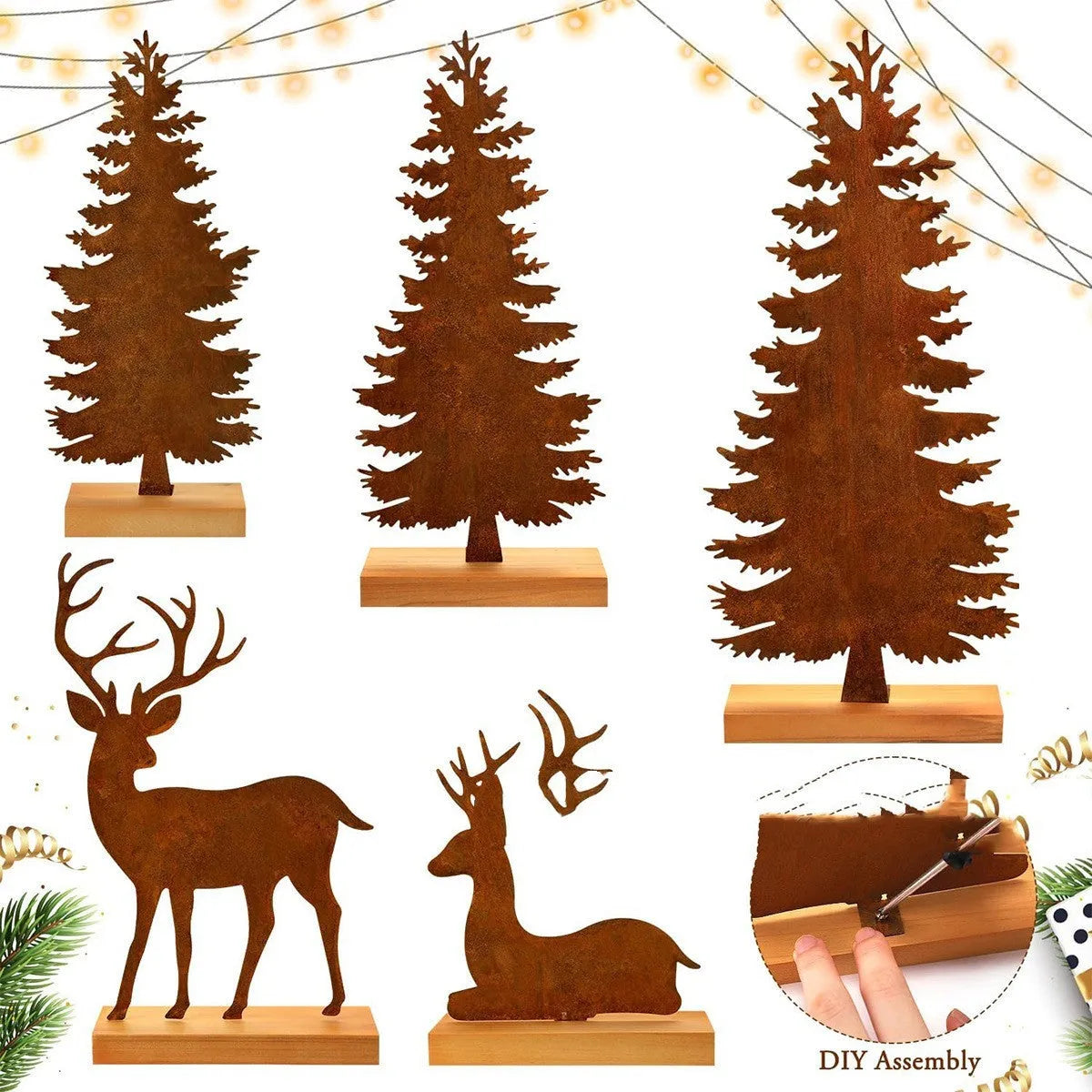 Three rusty metal Christmas tree decorations with elk silhouette cutouts