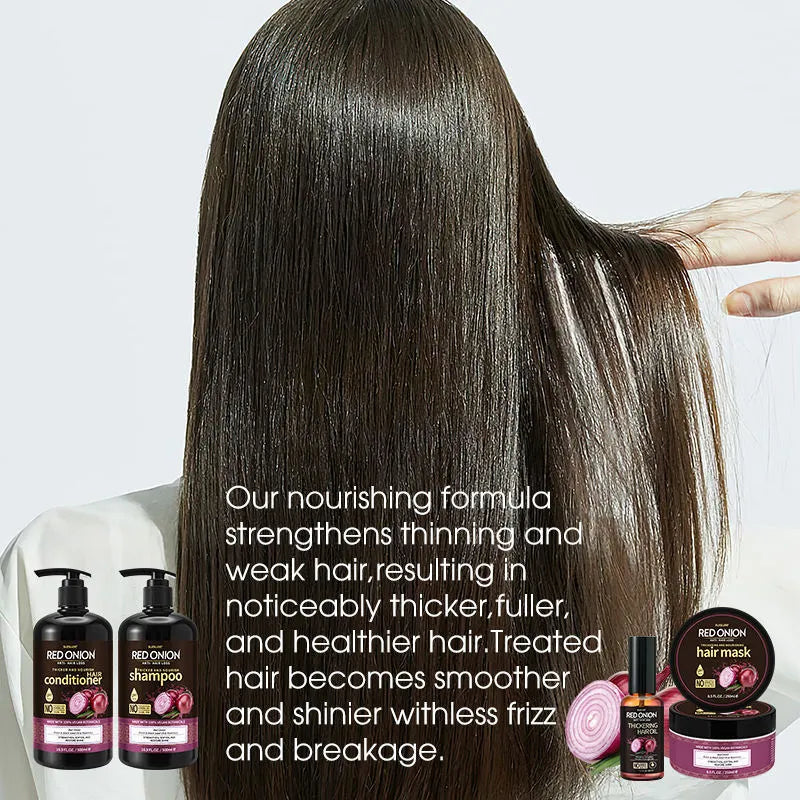 Red onion shampoo and conditioner four-piece set with hair mask and essential oil bottles
