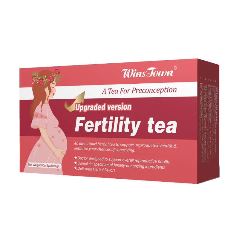 Box of fertility tea with 90 herbal tea bags in three 30-bag pouches
