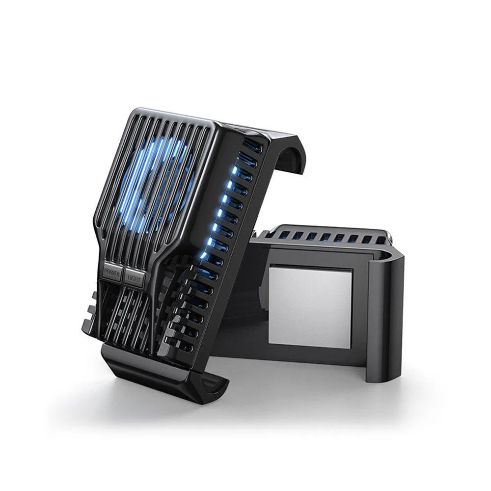 Black mobile phone radiator with aluminium alloy heat sink clipped onto smartphone