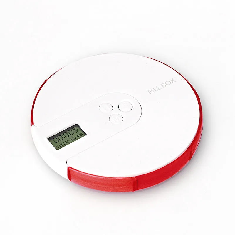 7-compartment alarm clock pill dispenser showing eight colour options with 11cm square dimensions