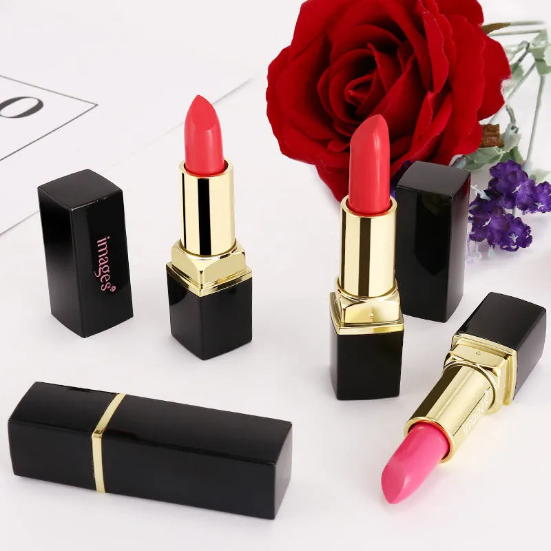 Moisturising lipstick lip gloss in a compact case, shown in coral red and other colours from the 10-shade range.