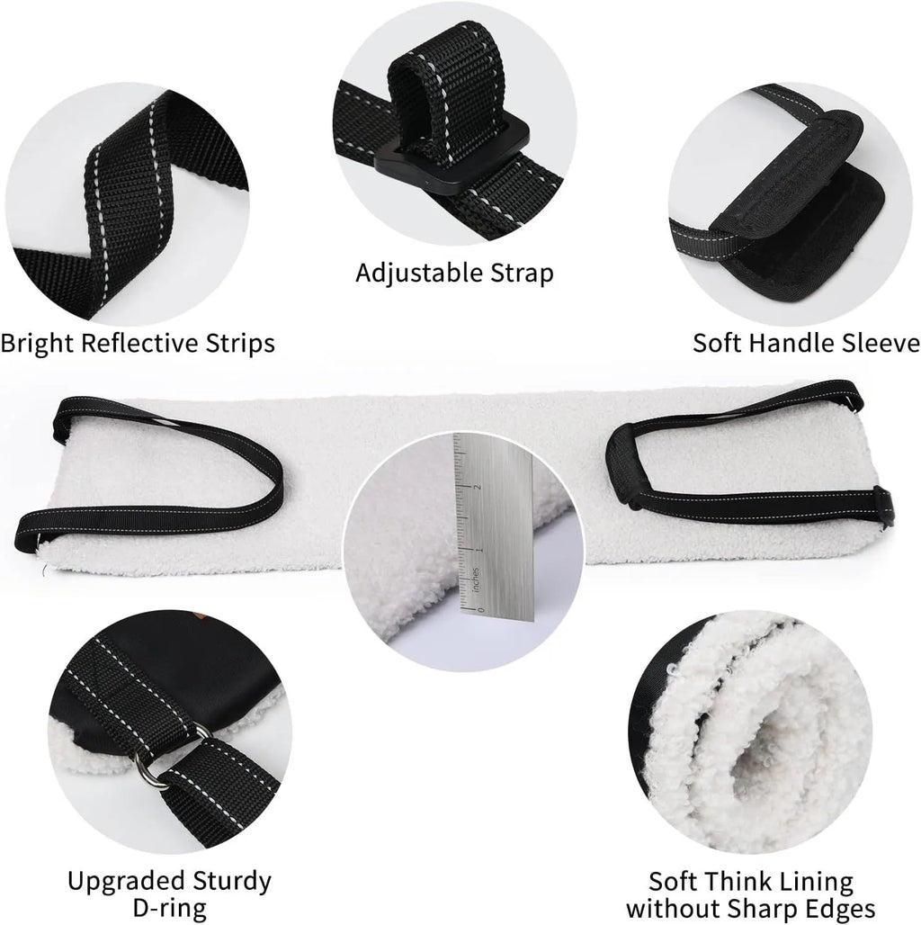 Portable dog sling with reflective nylon straps and padded handle, supporting a dog's hind legs